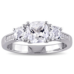 White Gold Created White Sapphire and Diamond Accent 3-Stone Engagement Ring - Handcrafted By Name My Rings™