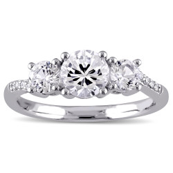 White Gold Created White Sapphire and Diamond Accent 3-Stone Engagement Ring - Handcrafted By Name My Rings™