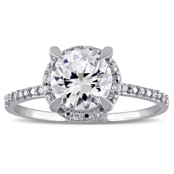 White Gold Created White Sapphire and Diamond Accent Halo Engagement Ring - Handcrafted By Name My Rings™