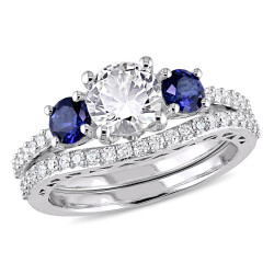 White Gold Created White and Blue Sapphire 1/3ct TDW Diamond Bridal Ring Set - Handcrafted By Name My Rings™