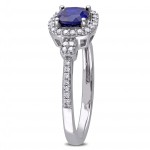 White Gold Cushion-Cut Created Blue Sapphire and 1/6ct TDW Diamond Halo Engagement Ring - Handcrafted By Name My Rings™