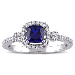 White Gold Cushion-Cut Created Blue Sapphire and 1/6ct TDW Diamond Halo Engagement Ring - Handcrafted By Name My Rings™