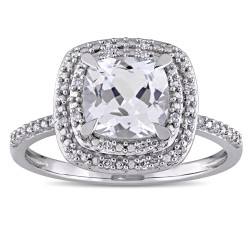 20% OFF - 18ct White Gold Cushion-cut Created White Sapphire and 1/10ct TDW Diamond Double Square Halo Engagement Ring - Handcrafted By Name My Rings™