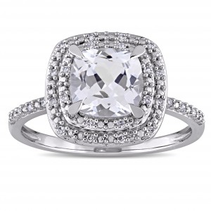 20% OFF - 18ct White Gold Cushion-cut Created White Sapphire and 1/10ct TDW Diamond Double Square Halo Engagement Ring - Handcrafted By Name My Rings™