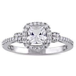 White Gold Cushion-cut Created White Sapphire and 1/6ct TDW Diamond Halo Engagement Ring - Handcrafted By Name My Rings™