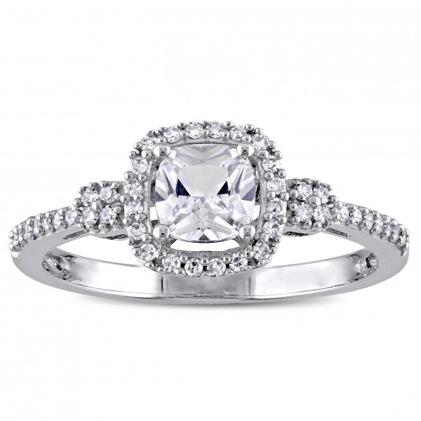 White Gold Cushion-cut Created White Sapphire and 1/6ct TDW Diamond Halo Engagement Ring - Handcrafted By Name My Rings™