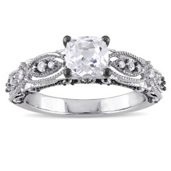White Gold Cushion-cut Created White Sapphire and Diamond Accent Vintage Filigree Engage - Handcrafted By Name My Rings™