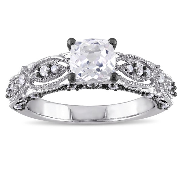 White Gold Cushion-cut Created White Sapphire and Diamond Accent Vintage Filigree Engage - Handcrafted By Name My Rings™