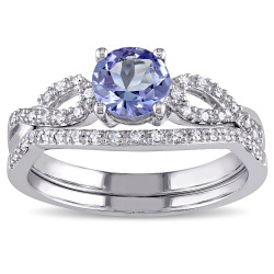 White Gold Tanzanite and 1/6ct TDW Diamond Bridal Ring Set - Handcrafted By Name My Rings™