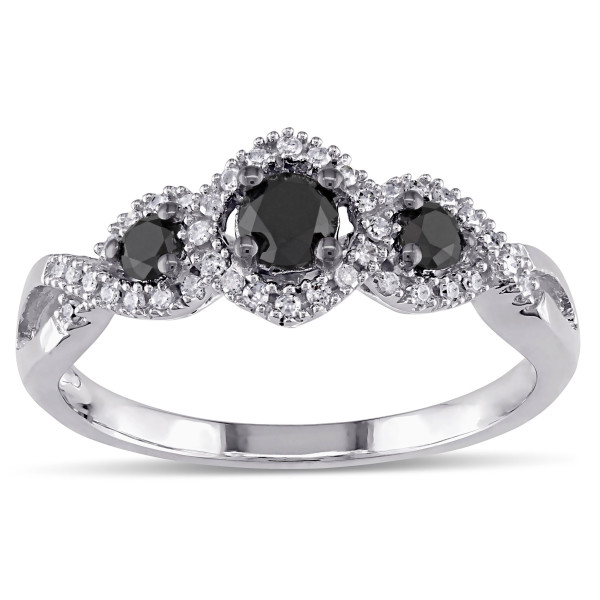 1/2 CT Black and White Diamond 3 Stone Ring with White Gold Band - Handcrafted By Name My Rings™