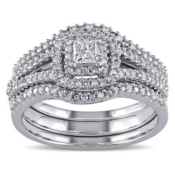 1/2ct TDW Princess and Round-Cut Diamond Halo Split Shank Bridal Set in Sterling Silver - Handcrafted By Name My Rings™