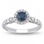 White Gold 1/2ct TDW Blue and White Diamond Halo Ring - Handcrafted By Name My Rings™
