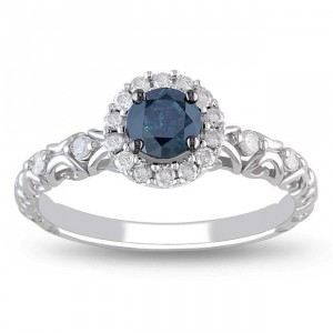 White Gold 1/2ct TDW Blue and White Diamond Halo Ring - Handcrafted By Name My Rings™