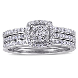 White Gold 1/2ct TDW Diamond 3-Row Double Square Halo Bridal-Set - Handcrafted By Name My Rings™