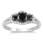 White Gold 1ct TDW Black and White Diamond 3-stone Halo Split Shank Engagement Ring - Handcrafted By Name My Rings™