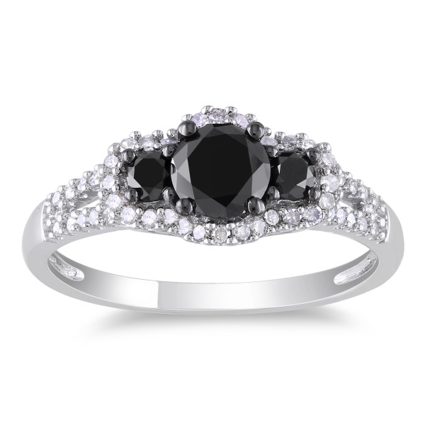 White Gold 1ct TDW Black and White Diamond 3-stone Halo Split Shank Engagement Ring - Handcrafted By Name My Rings™
