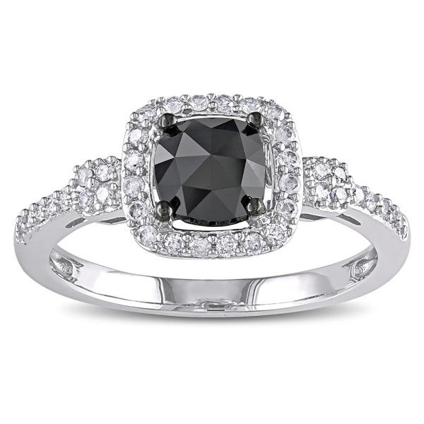 White Gold 1ct TDW Cushion-cut Black and White Diamond Halo Engagement Ring - Handcrafted By Name My Rings™