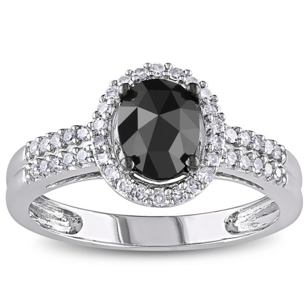 White Gold 1ct TDW Oval Black and White Diamond Halo Engagement Ring - Handcrafted By Name My Rings™