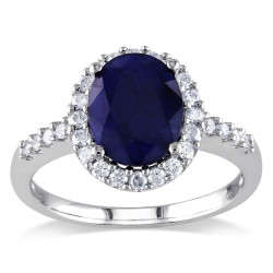 White Gold Oval Diffused Sapphire and 2/5ct TDW Diamond Halo Ring - Handcrafted By Name My Rings™