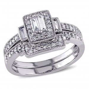 2/5ct TDW Parallel Baguette and Round-Cut Diamond Square Vintage Bridal Set in White Gold - Handcrafted By Name My Rings™
