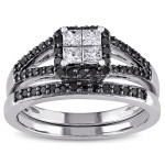 3/5ct TDW Black and White Quad Split Shank Diamond Bridal Set in White Gold with Black Rhodium - Handcrafted By Name My Rings™