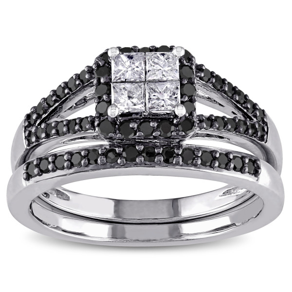 3/5ct TDW Black and White Quad Split Shank Diamond Bridal Set in White Gold with Black Rhodium - Handcrafted By Name My Rings™
