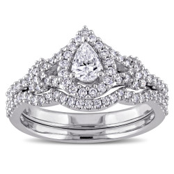 7/8ct TDW Pear and Round-Cut Diamond Halo Split Shank Bridal Ring Set in White Goldado - Handcrafted By Name My Rings™