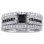 Black Rhodium Plated Sterling Silver 1 1/6ct TDW Princess-cut Black and White Diamond Bridal Ring Set - Handcrafted By Name My Rings™