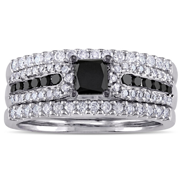 Black Rhodium Plated Sterling Silver 1 1/6ct TDW Princess-cut Black and White Diamond Bridal Ring Set - Handcrafted By Name My Rings™