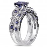Created Sapphire and 1/10ct TDW Diamond Bridal Set in White Gold - Handcrafted By Name My Rings™