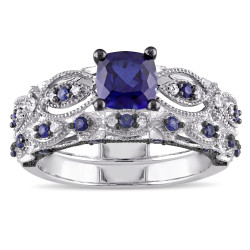 Created Sapphire and 1/10ct TDW Diamond Bridal Set in White Gold - Handcrafted By Name My Rings™