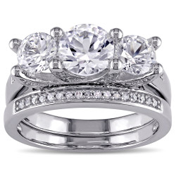Created White Sapphire and 1/10ct TDW Diamond 3-Stone Bridal Set in White Gold - Handcrafted By Name My Rings™