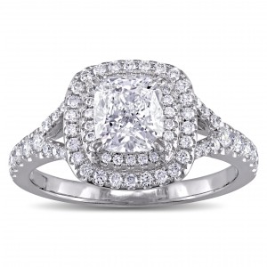 GIA Certified 1-5/8ct TDW Cushion-Cut Diamond Double Halo Engagement Ring in White Gold - Handcrafted By Name My Rings™