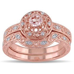 Rose-plated Silver Morganite and 1/10ct TDW Diamond Bridal Ring Set - Handcrafted By Name My Rings™