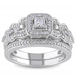 Signature White Gold 1/2ct TDW Diamond Halo Bridal Ring Set - Handcrafted By Name My Rings™