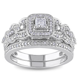 Signature White Gold 1/2ct TDW Diamond Halo Bridal Ring Set - Handcrafted By Name My Rings™