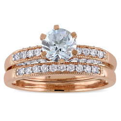 Signature Collection Rose Gold 1/3ct TDW Diamond and Aquamarine Bridal Ring Set - Handcrafted By Name My Rings™