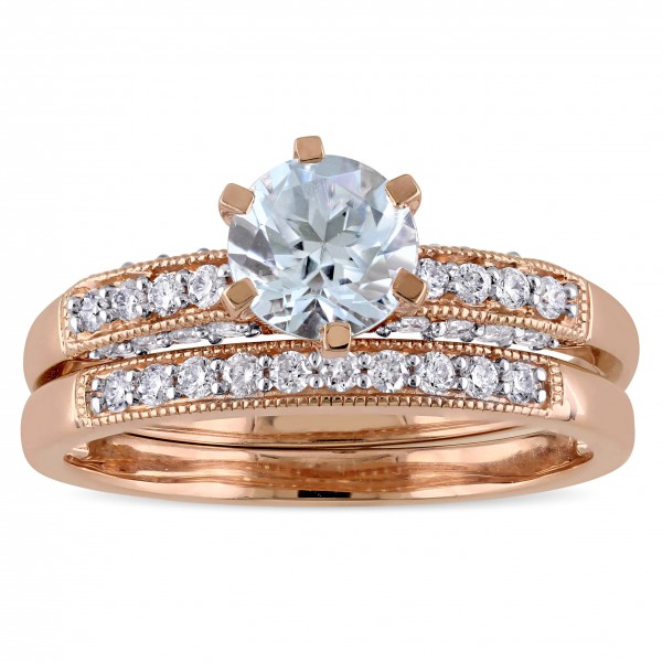 Signature Collection Rose Gold 1/3ct TDW Diamond and Aquamarine Bridal Ring Set - Handcrafted By Name My Rings™