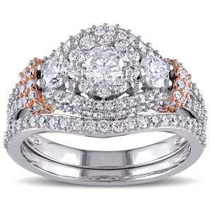 Signature Collection Two-tone Gold 1 1/2ct TDW Diamond Halo Bridal Ring Set - Handcrafted By Name My Rings™