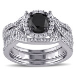 Signature Collection White Gold 1 1/2ct TDW Black and White Diamond 3-piece Halo Bridal Ring Set - Handcrafted By Name My Rings™