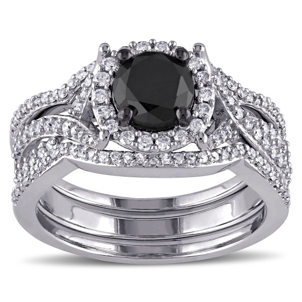 Signature Collection White Gold 1 1/2ct TDW Black and White Diamond 3-piece Halo Bridal Ring Set - Handcrafted By Name My Rings™