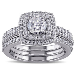 Signature Collection White Gold 1 1/2ct TDW Diamond Halo Bridal Ring Set - Handcrafted By Name My Rings™