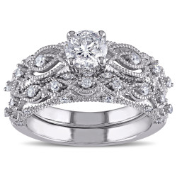 Signature Collection White Gold 1 1/4ct TDW Diamond Vintage Filigree Bridal Ring Set - Handcrafted By Name My Rings™