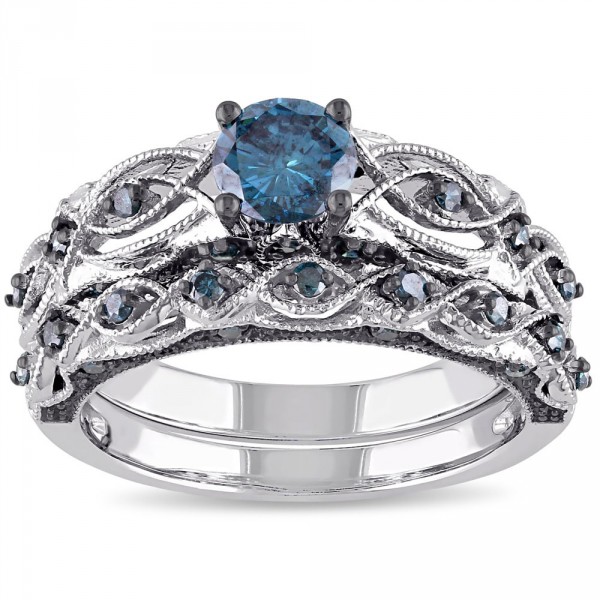 Signature Collection White Gold 1ct TDW Blue Diamond Bridal Ring Set - Handcrafted By Name My Rings™