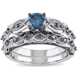 Signature Collection White Gold 1ct TDW Blue Diamond Bridal Ring Set - Handcrafted By Name My Rings™