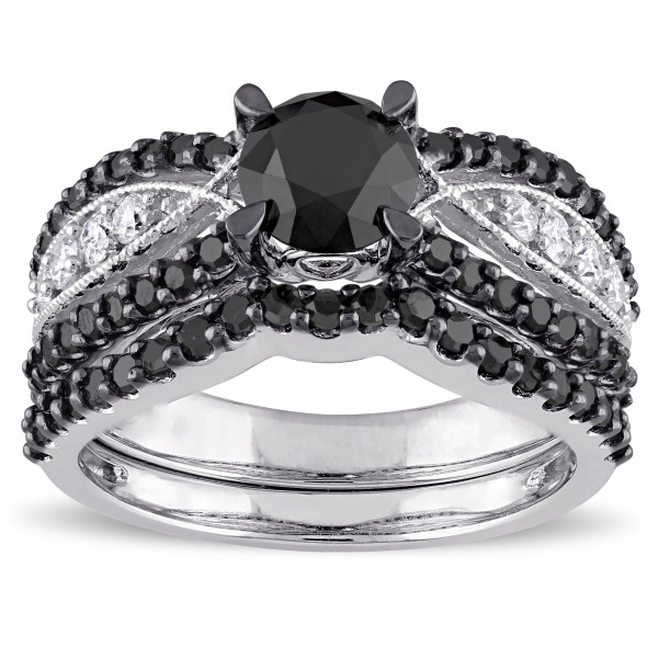 Signature Collection White Gold 2ct TDW Black and White Diamond Bridal Ring Set - Handcrafted By Name My Rings™