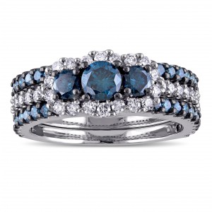 Signature Collection White Gold 2ct TDW Blue and White Diamond 3-stone Bridal Ring Set - Handcrafted By Name My Rings™