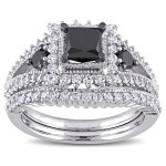 Signature Collection White Gold 2ct TDW Princess-cut Black and White Diamond 3-stone Bridal Ring Set - Handcrafted By Name My Rings™