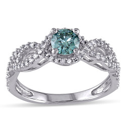 Signature Collection White Gold 3/4ct TDW Blue and White Diamond Halo Engagement Ring - Handcrafted By Name My Rings™