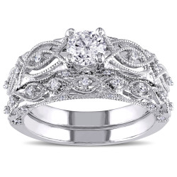 Signature Collection White Gold 3/4ct TDW Diamond Vintage Filigree Bridal Ring Set - Handcrafted By Name My Rings™